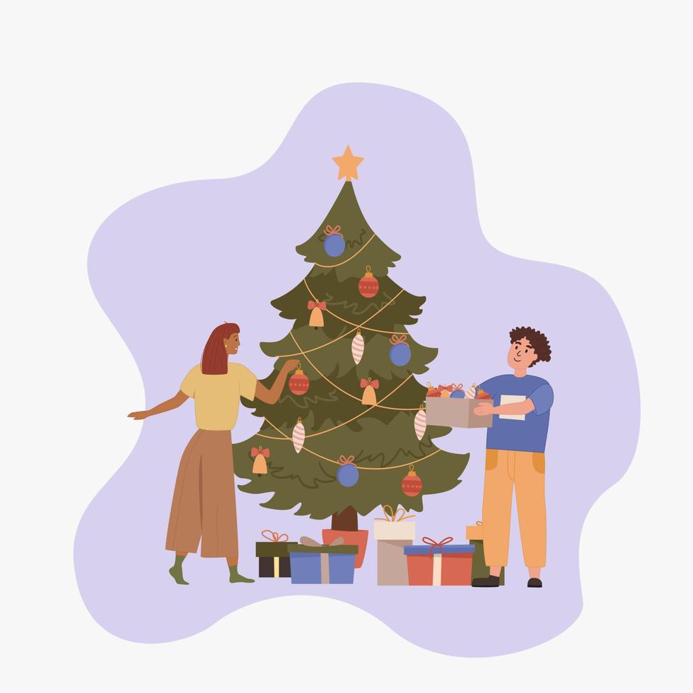 Man and Woman Decorate a Christmas Tree. vector