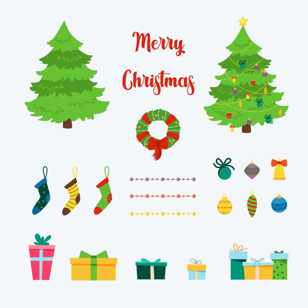 Christmas Set With Decorative Winter Items. Christmas Trees. vector