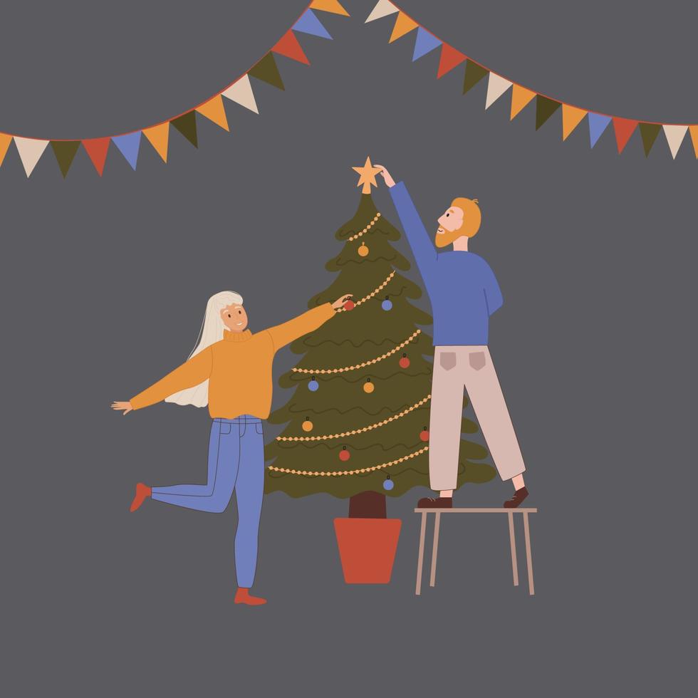 hombre y mujer decoran un árbol de navidad. vector