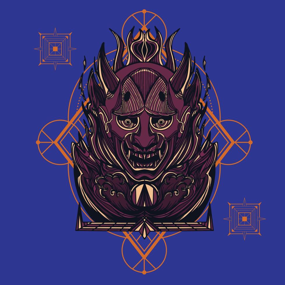 máscara de oni. máscara de hannya. máscara de japón con patrón de geometría sagrada vector