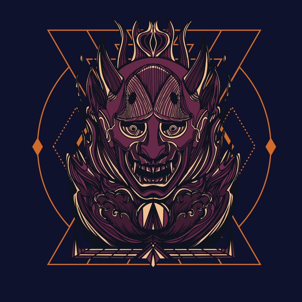 Oni mask. hannya mask. japan mask with sacred geometry pattern vector