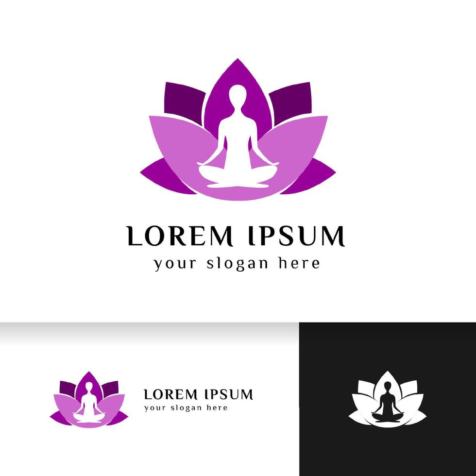 yoga logo design stock. human meditation in lotus flower vector illustration in purple color