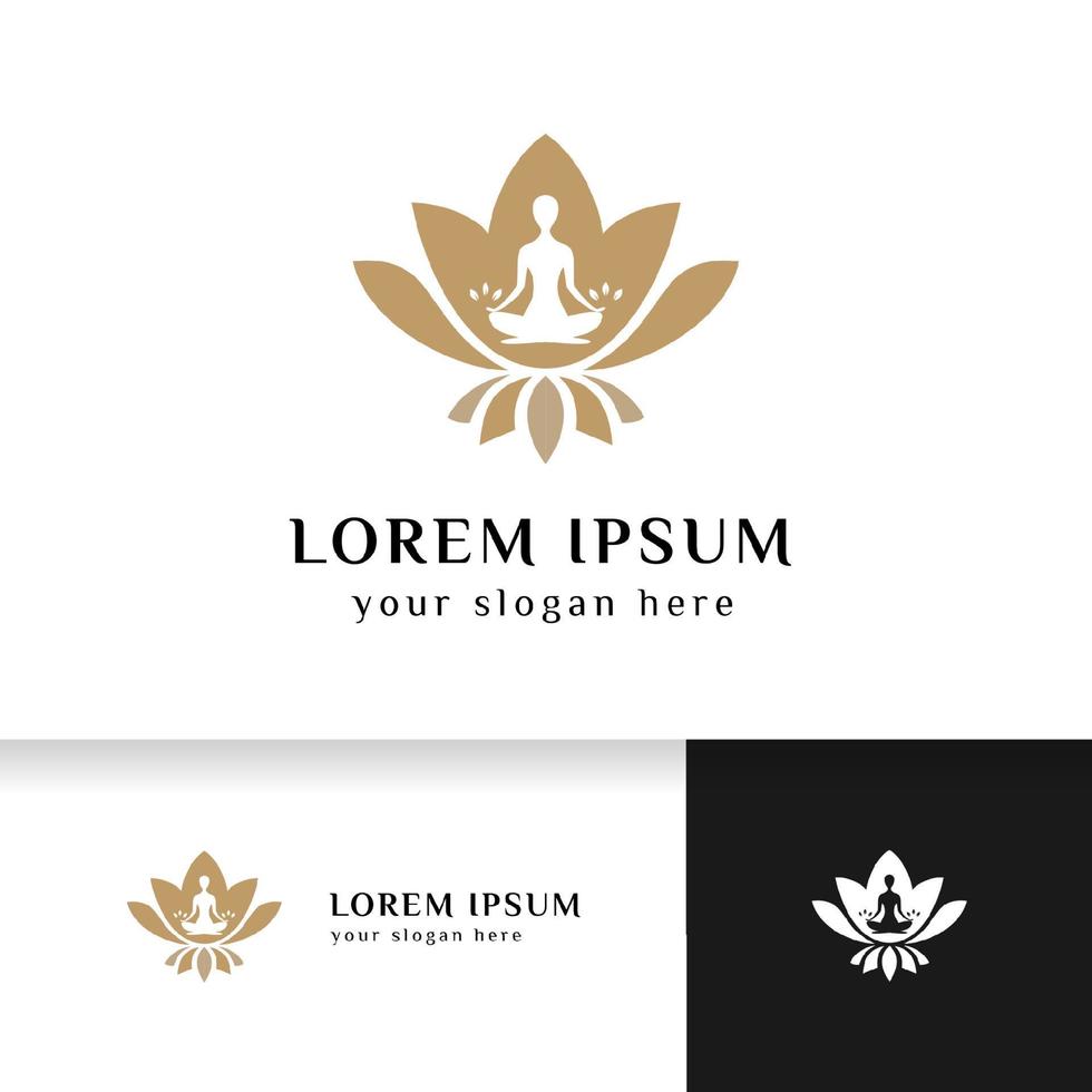 yoga logo design stock. human meditation in lotus flower vector illustration in brown color