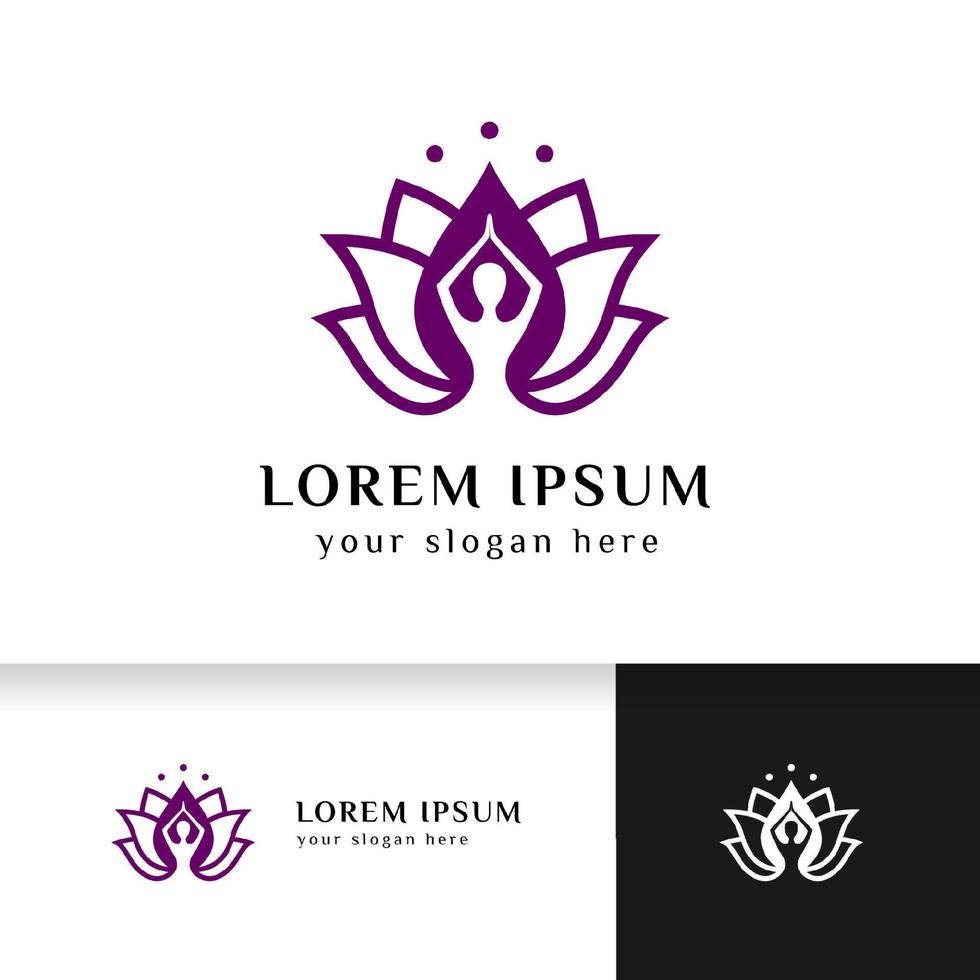 yoga logo design stock. human meditation in lotus flower vector illustration in purple color