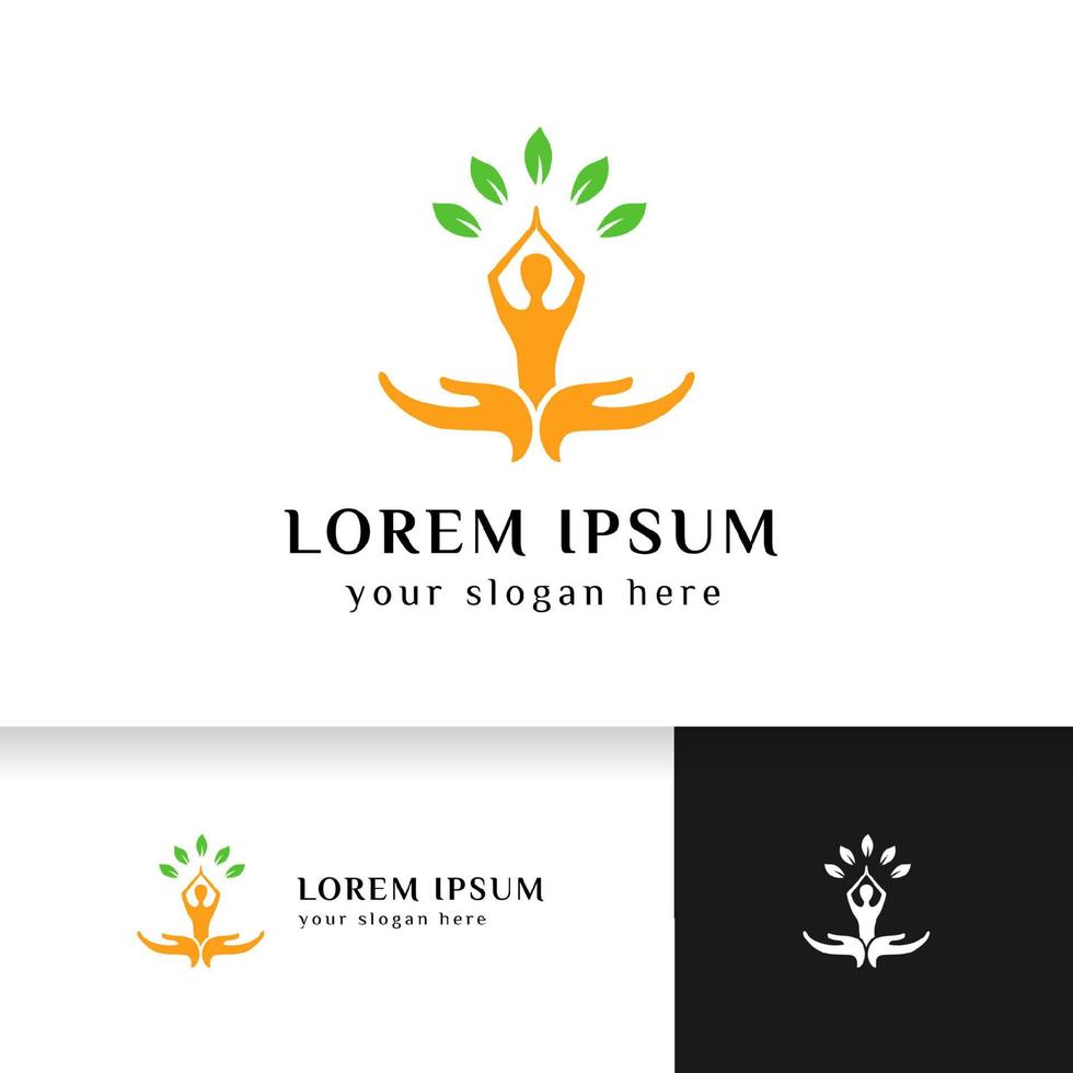 yoga logo design stock. human meditation with hand care and leaves vector illustration