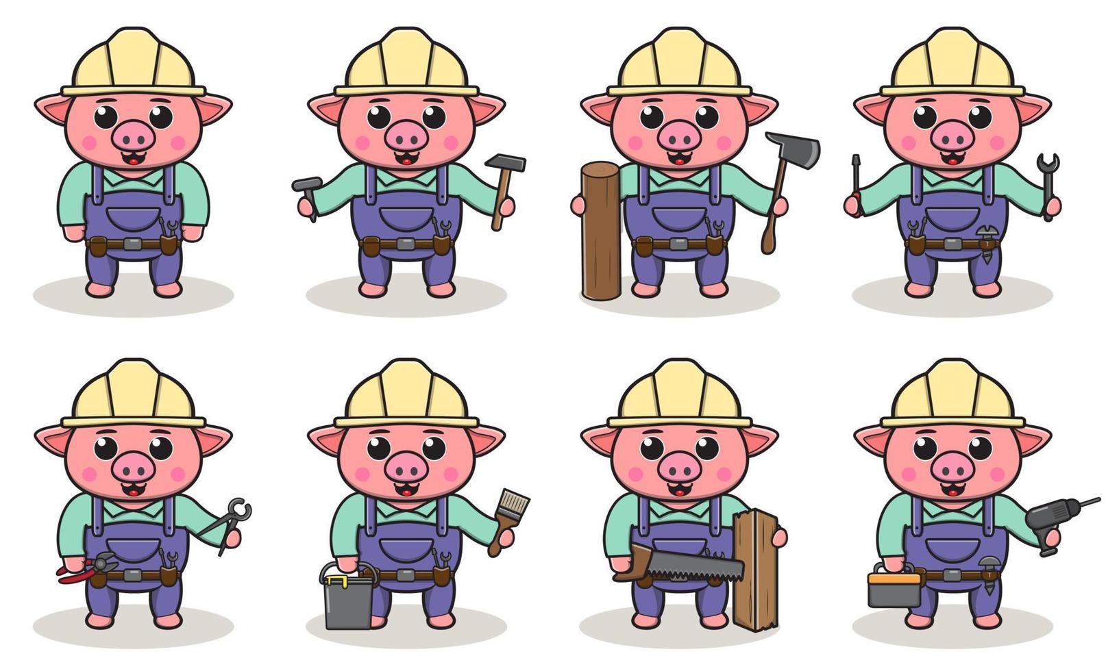 Pig Cute Handyman set vector