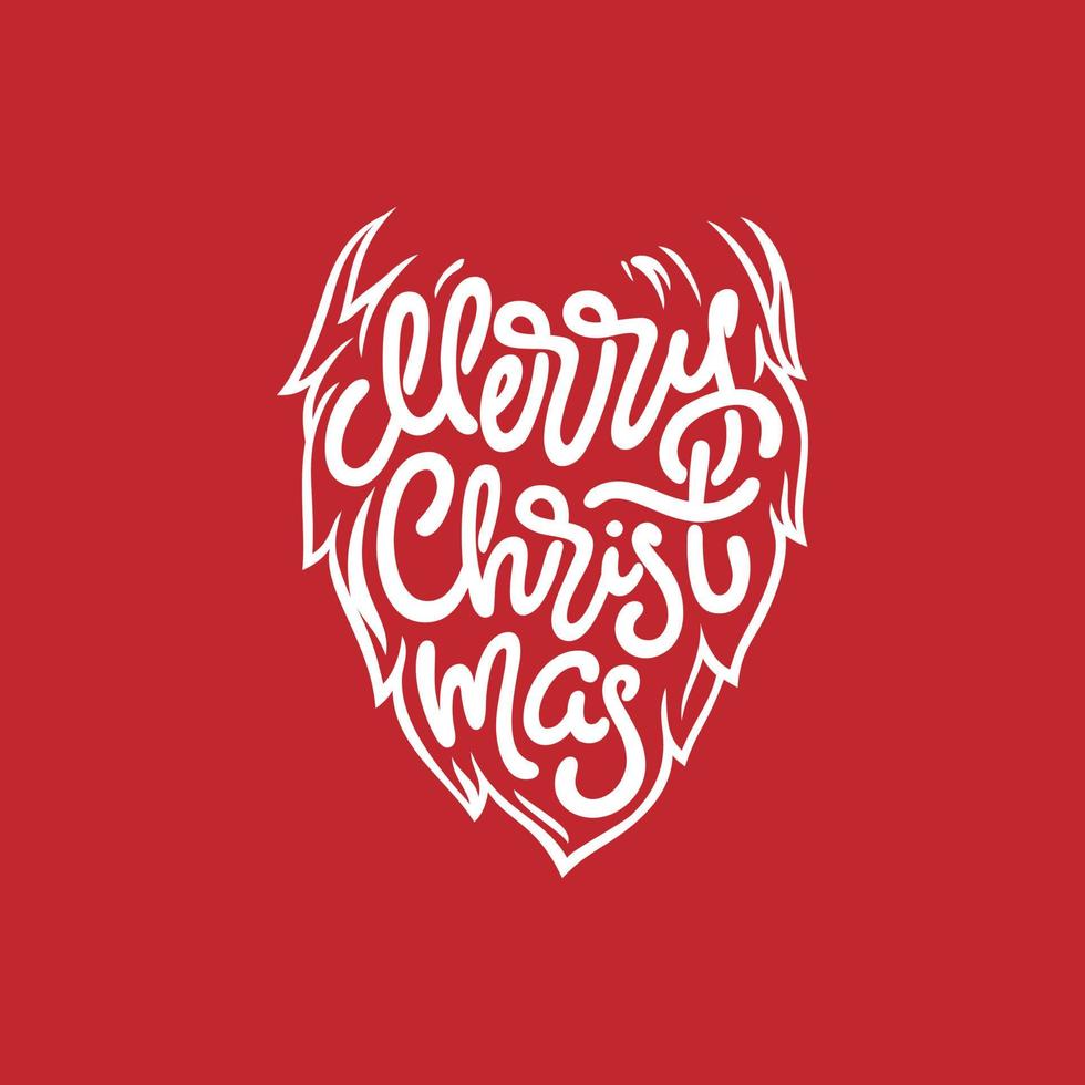 Merry Christmas lettering in form Santa beard on red background. Hand-drawn inscription for greeting card, invitation, poster, t-shirt design, banner. Vector handwritten calligraphy.