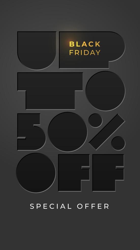 Vector template with foil letterpress UP TO 50 fifty percent OFF for black friday. Special offer. Typography illustration for discount, sale, poster, banner, flyer, business, advertisement, store.