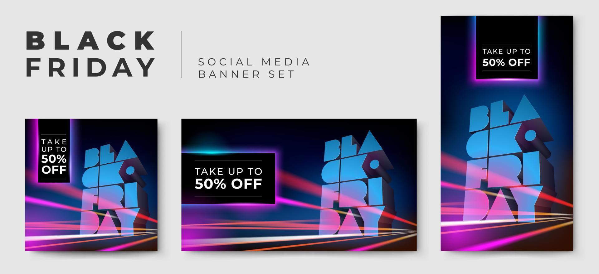 Social media banner set for BLACK FRIDAY SALE with volumetric typography, motion blur effect, long exposure. 3D text on background of night sky. Vector template for flyer, store, business, discount.