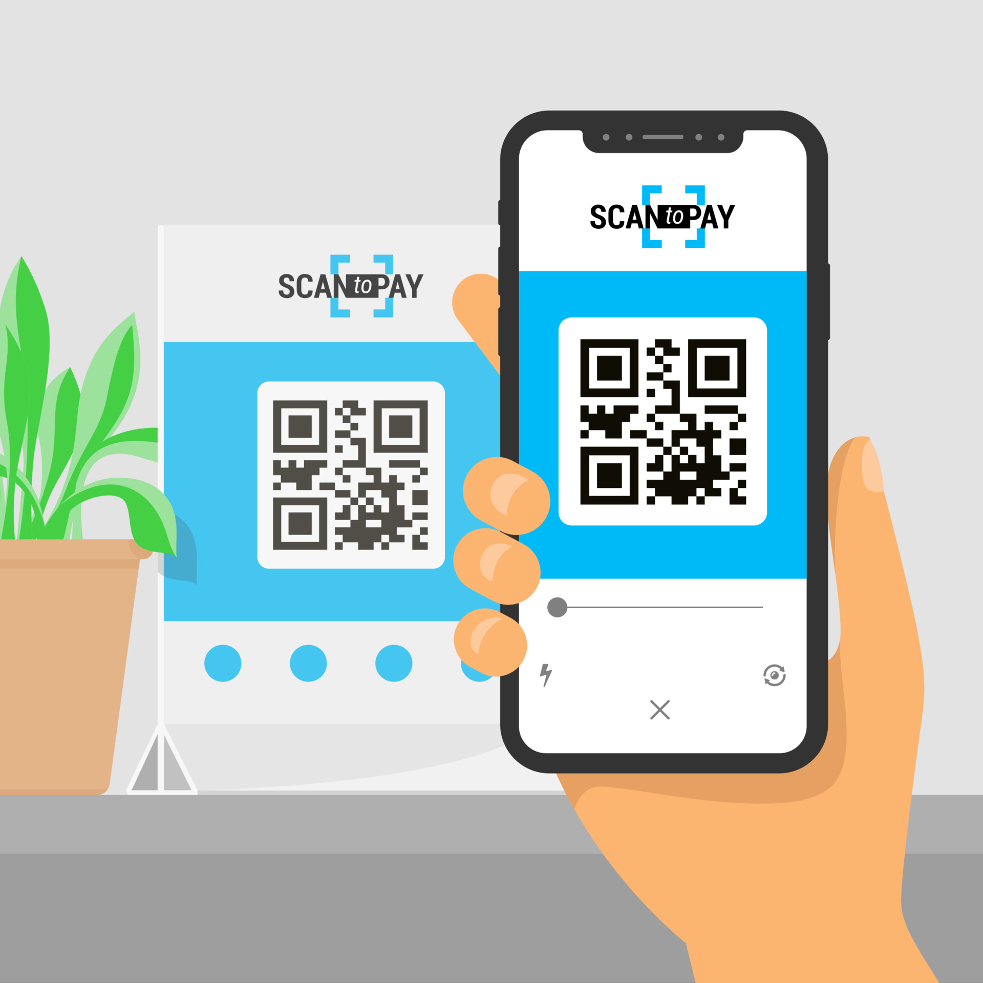 Screen smartphone with app in hand. Scanning qr code on table and