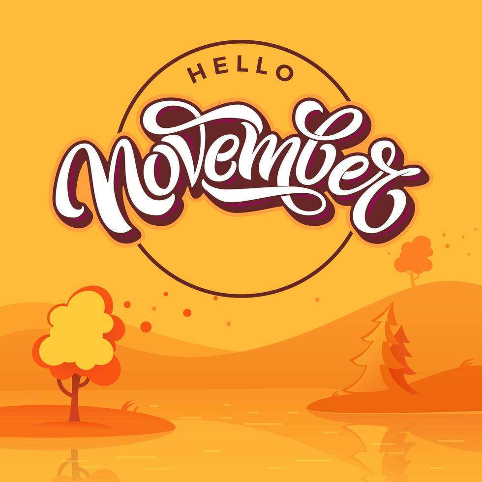 Hello November round badge with autumn landscape. Flat style. Vector typography. Brush lettering for banner, poster, greeting card. Vector handwritten lettering.