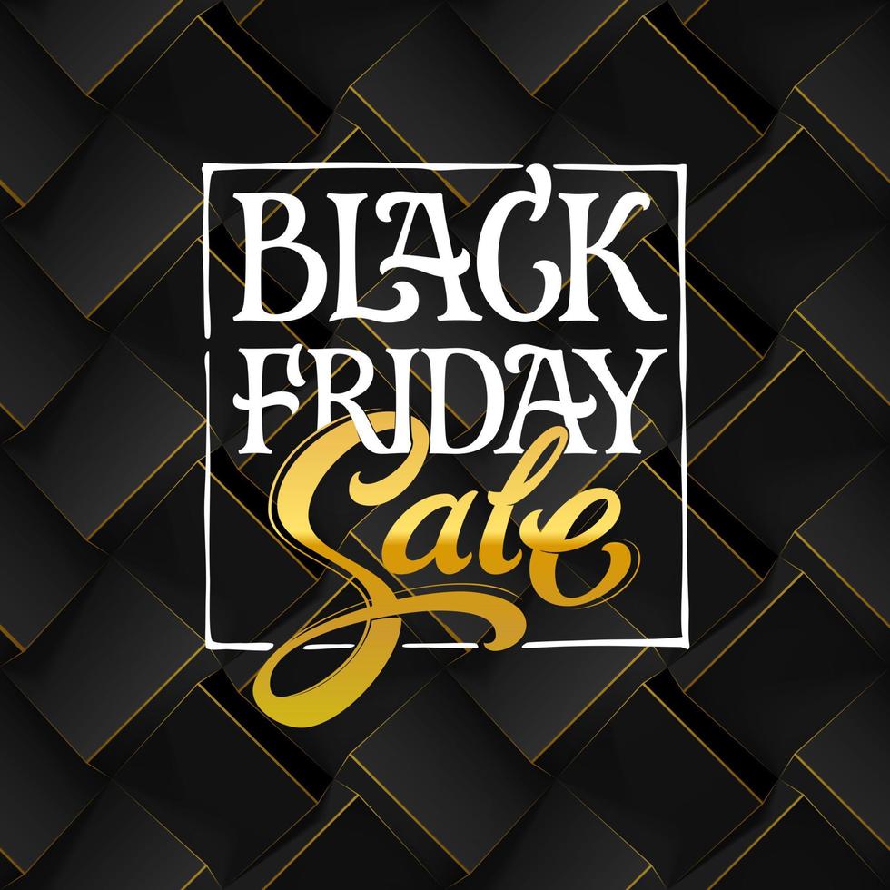 Black Friday Sale typography on dark background. Black geometric seamless pattern with volume cubes. Vector template for promotional banner. Vector illustration with hand drawn lettering.