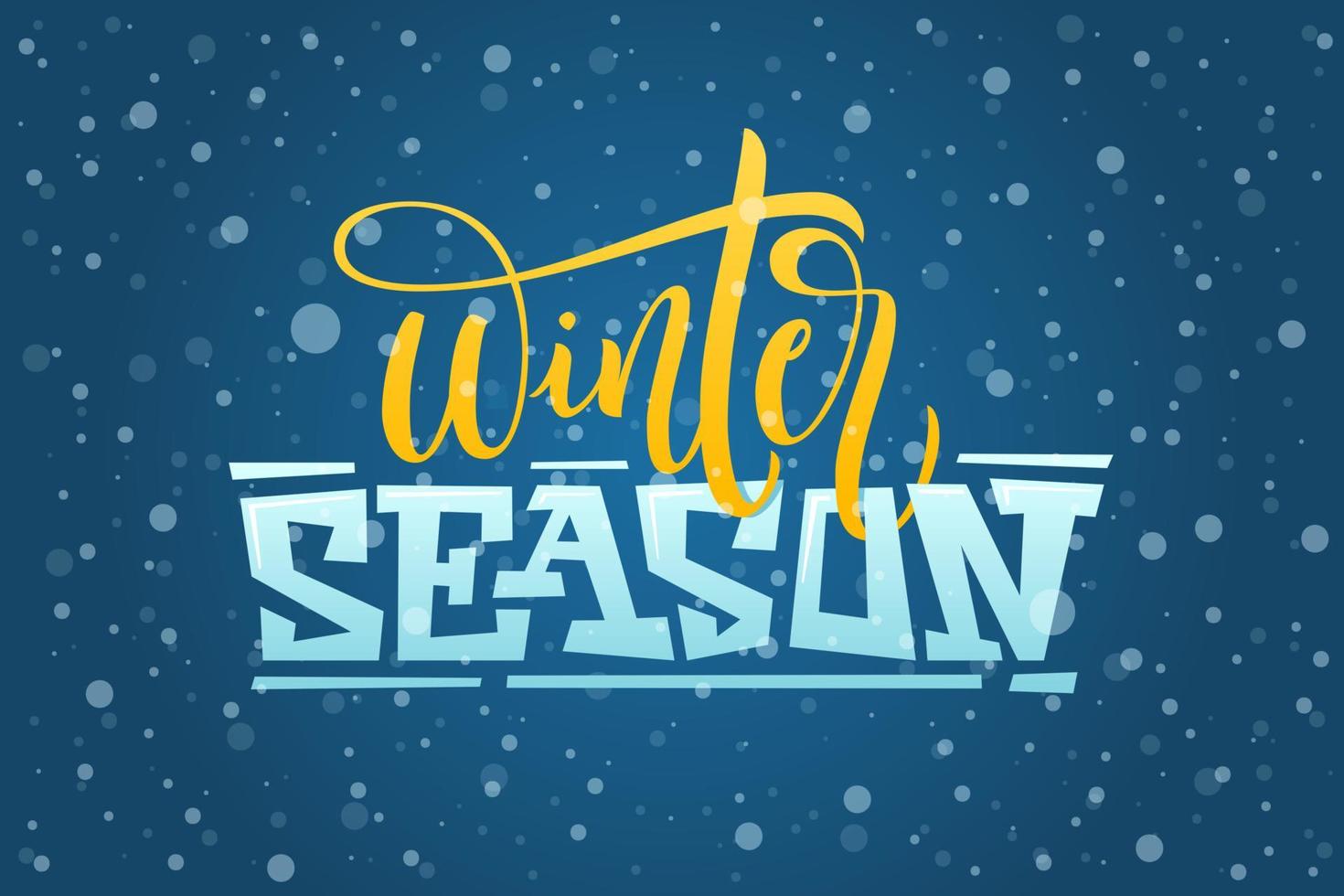 Winter Season text. Brush lettering at blue winter background with snowflakes. Vector card design with custom calligraphy.