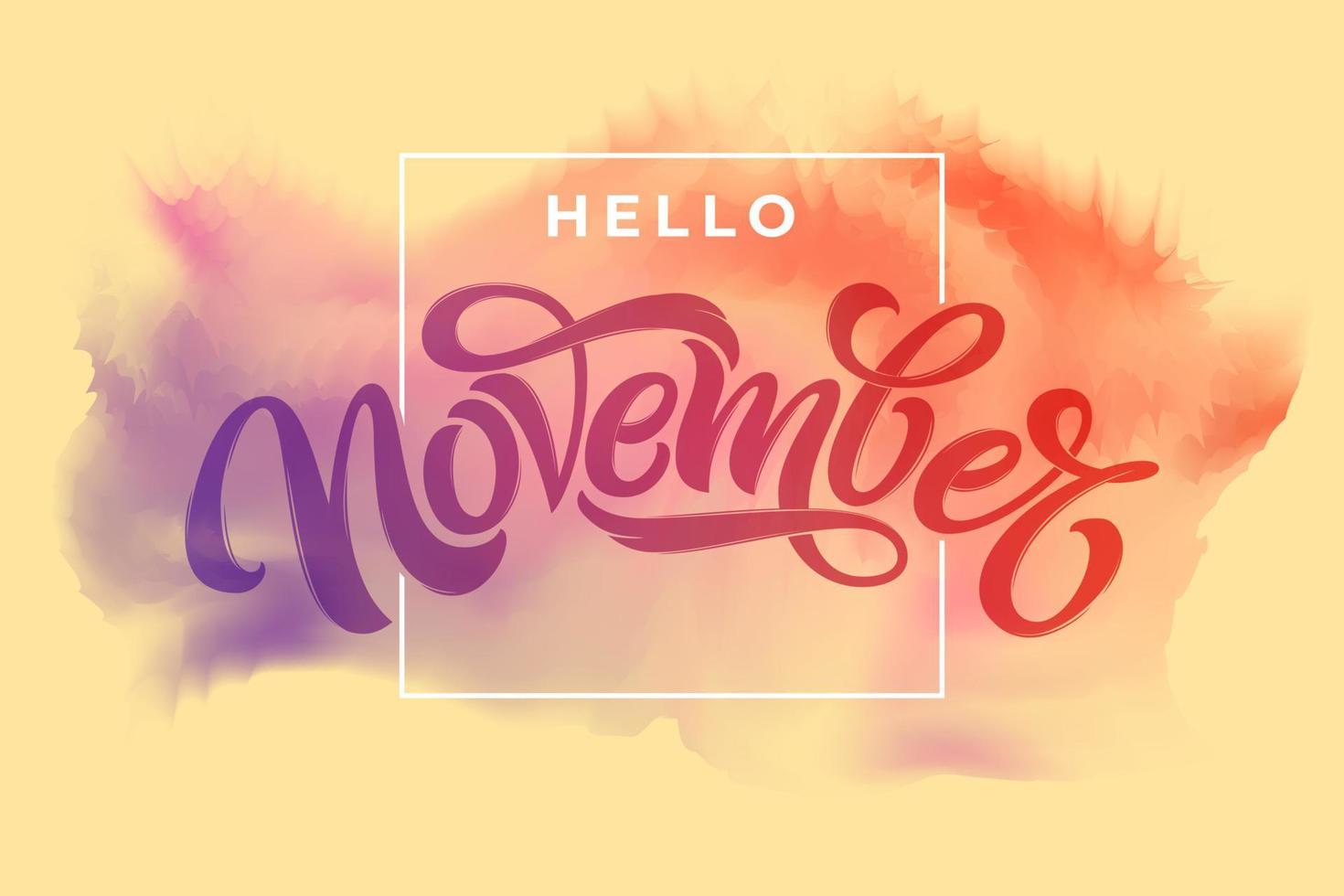 Hello November typography on light watercolor background. Modern brush calligraphy with thin square frame. Vector lettering for greeting card, social media banner, print design. Vector illustration.