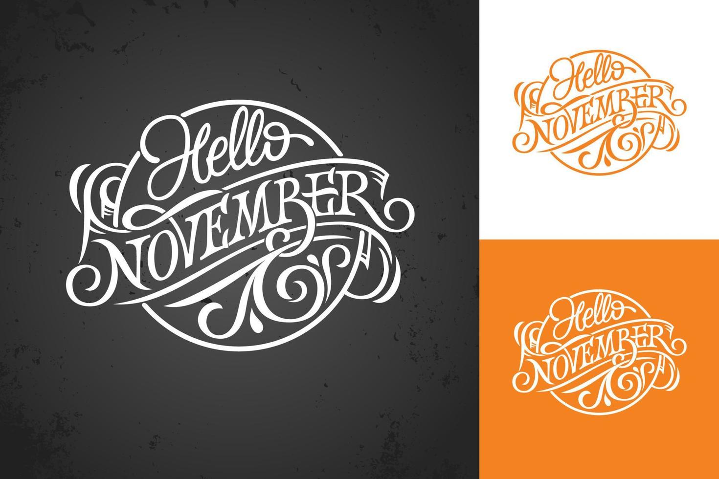 Hello November vintage lettering on chalkboard. Typography on white, color and dark background. Template for banner, greeting card, poster, print design. Vector illustration. Logo in form circle.