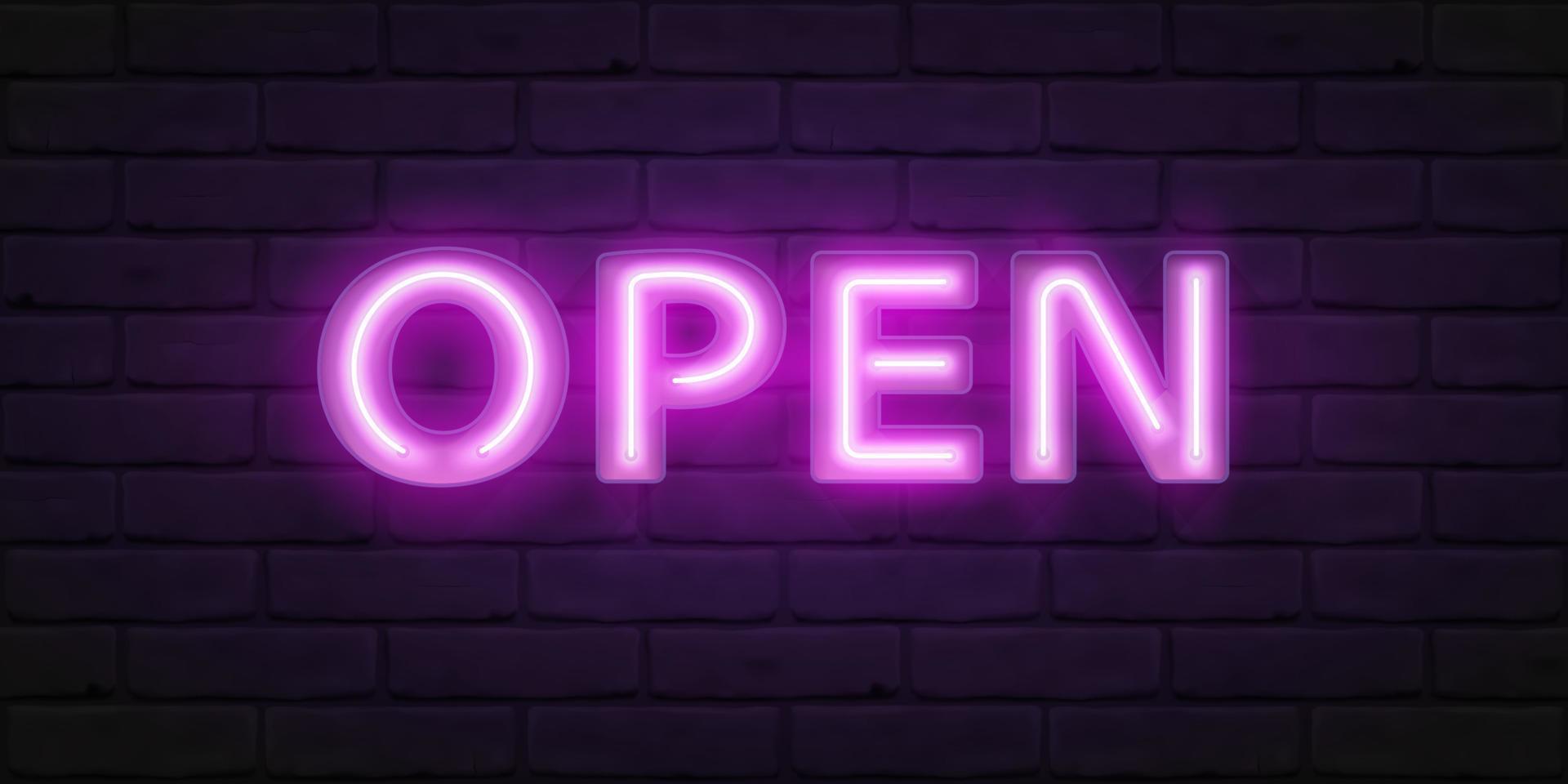 Glowing violet neon script OPEN. Vector font for typography design. Bright font with fluorescent tubes in boxing. Lettering illustration for design of sign on the door of shop, cafe, bar or restaurant