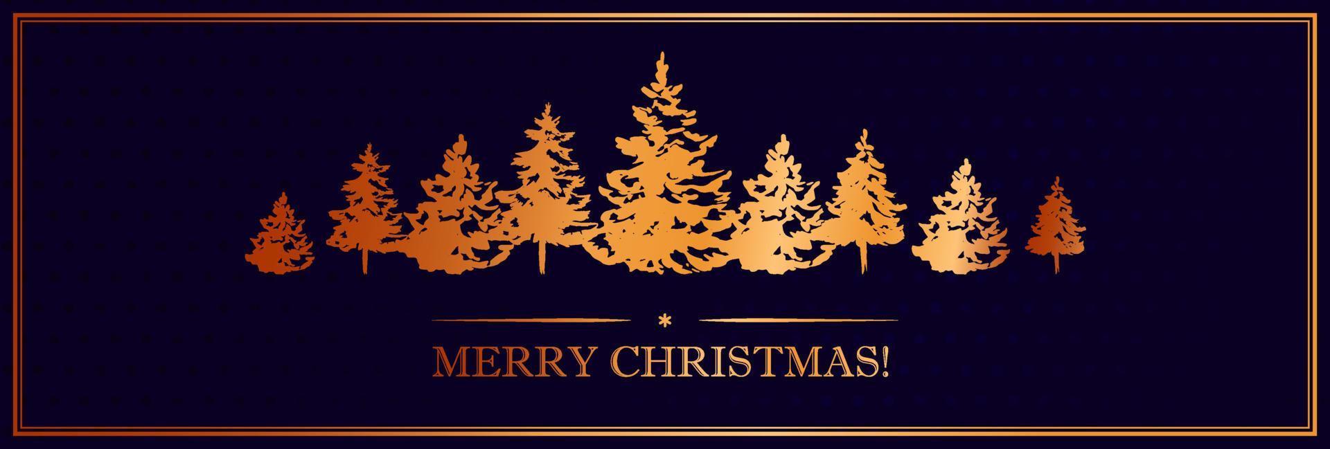 Elegant horizontal Christmas and New Year design with golden hand drawn Christmas tree on dark blue background. Vector illustration for banner, greeting card, cover, etc