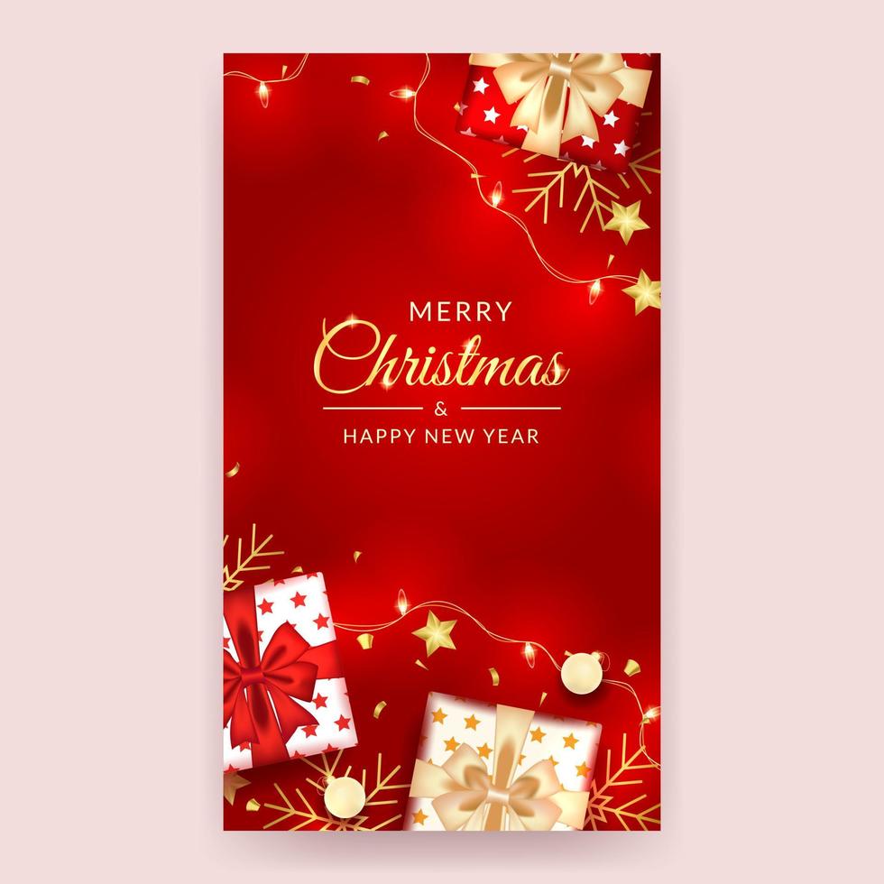 merry christmas and happy new year social media story with realistic red decoration vector