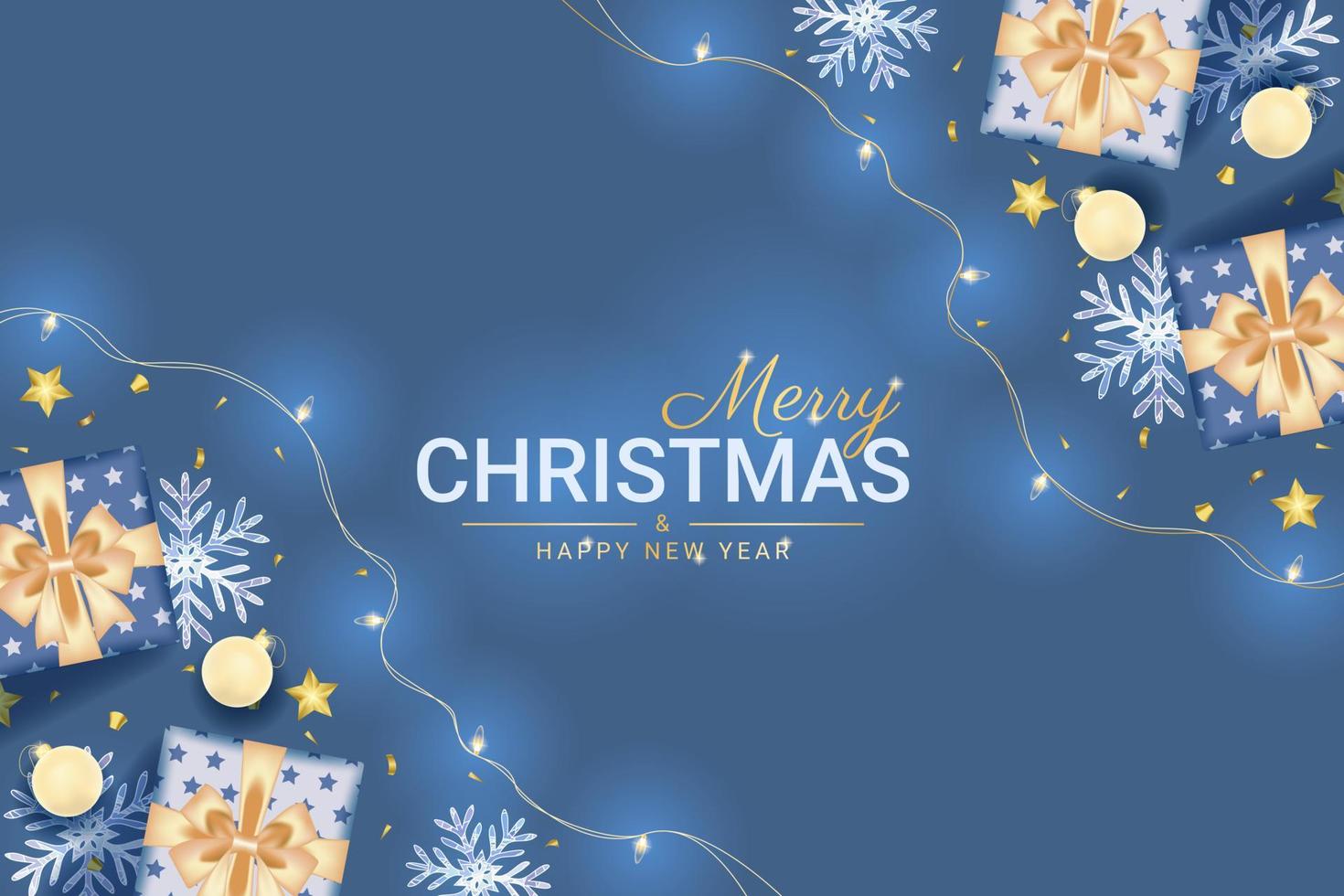 merry christmas and happy new year greeting card with realistic blue decoration vector
