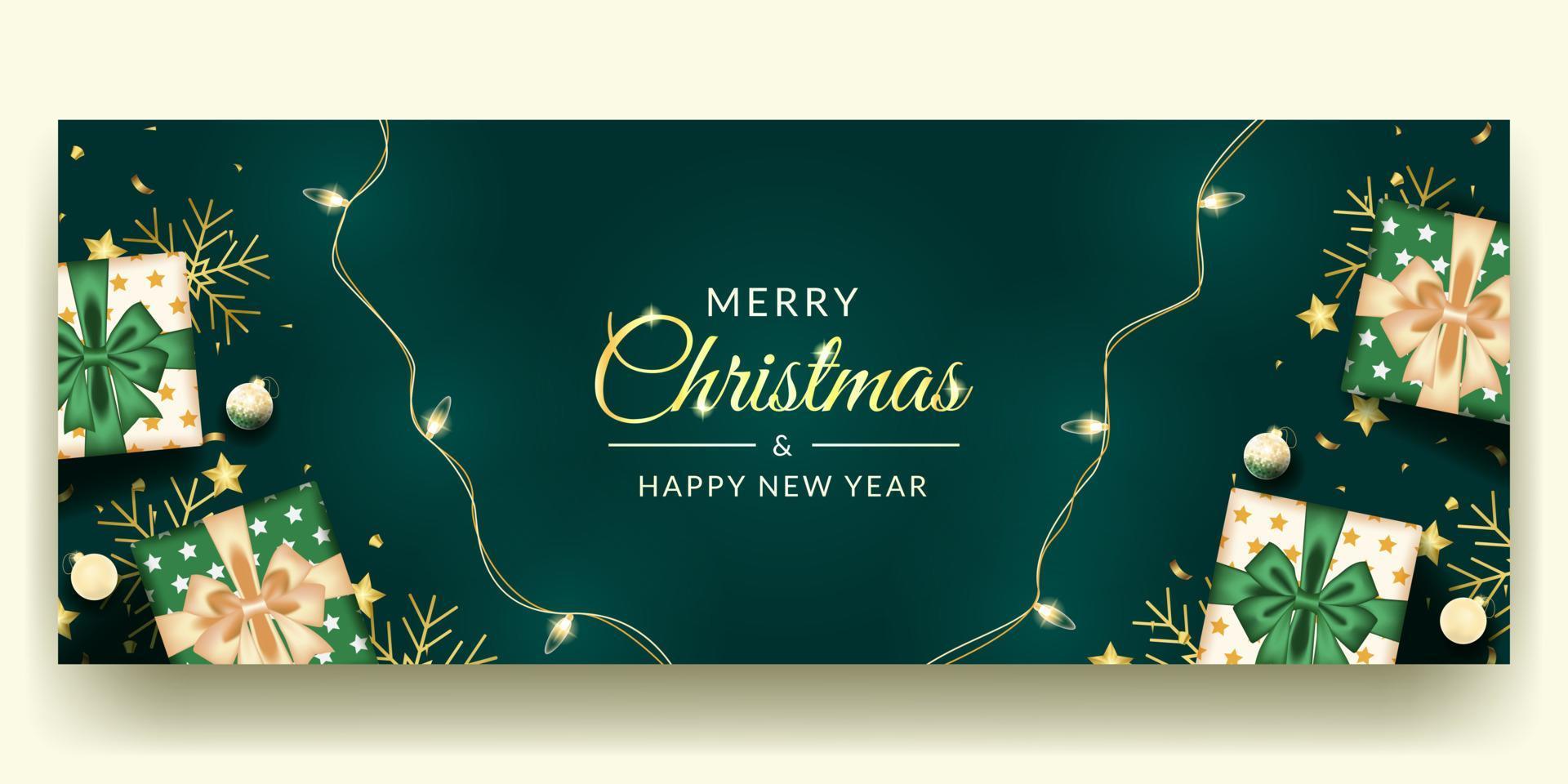 merry christmas and happy new banner design with realistic green decoration vector