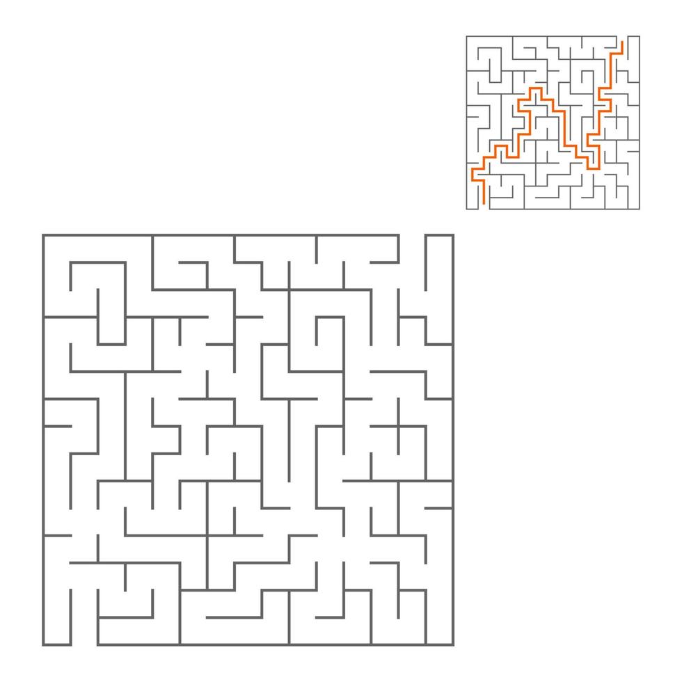 Abstract square maze. Game for kids. Puzzle for children. One entrance, one exit. Labyrinth conundrum. Flat vector illustration isolated on white background. With answer.