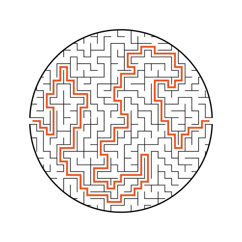 Difficult round labyrinth. Game for kids. Puzzle for children. One entrance, one exit. Maze conundrum. Flat vector illustration isolated on white background. With answer.