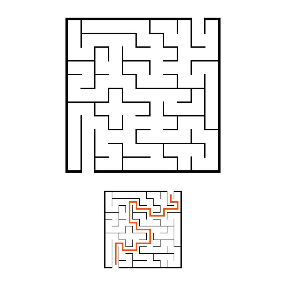 Abstract square maze. Game for kids. Puzzle for children. Labyrinth conundrum. Black flat vector illustration isolated on white background. With answer.