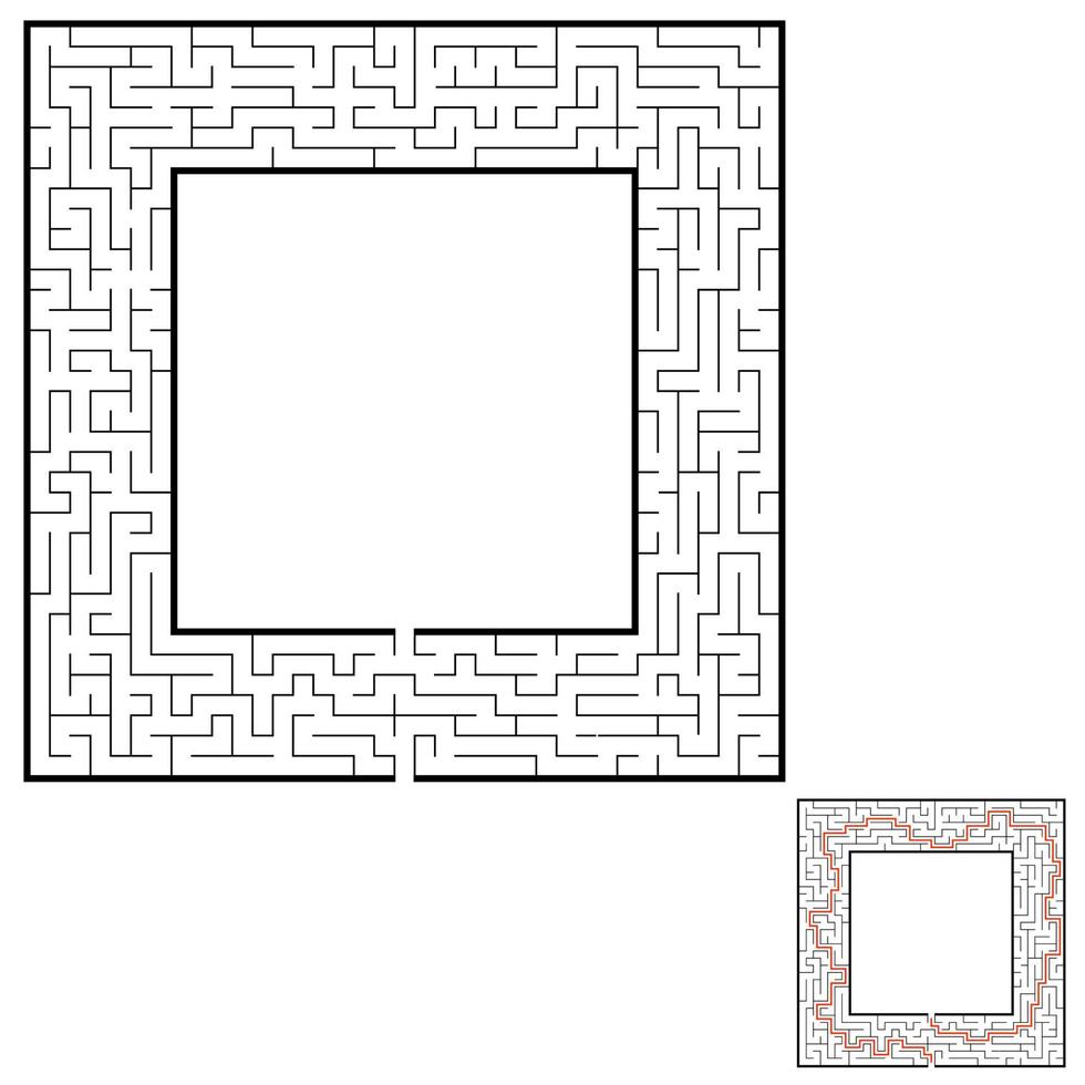 Abstract square maze. Game for kids. Puzzle for children. Labyrinth conundrum. Flat vector illustration isolated on white background. With answer. With place for your image.