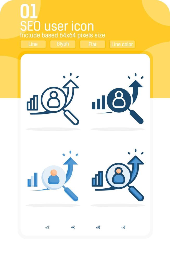 seo user premium icon with magnifier symbol isolated on white background. Vector design illustration symbol design template for web, apps, UI, UX, internet and all project. Include 64x64 pixel perfect