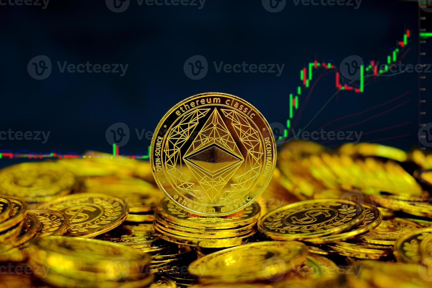 Ethereum coin cryptocurrency on pile gold coins at computer trading chart background photo