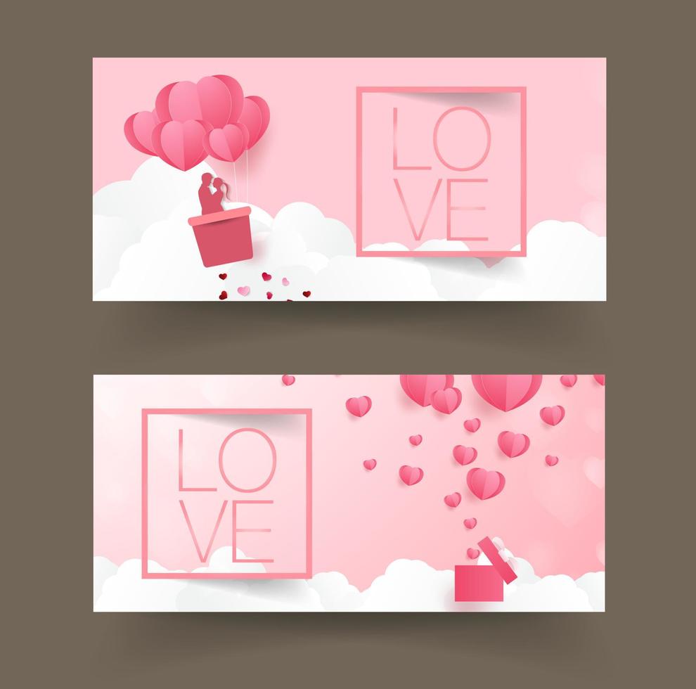 a heart shape. paper art style. valentine day. Origami made hot air balloon vector