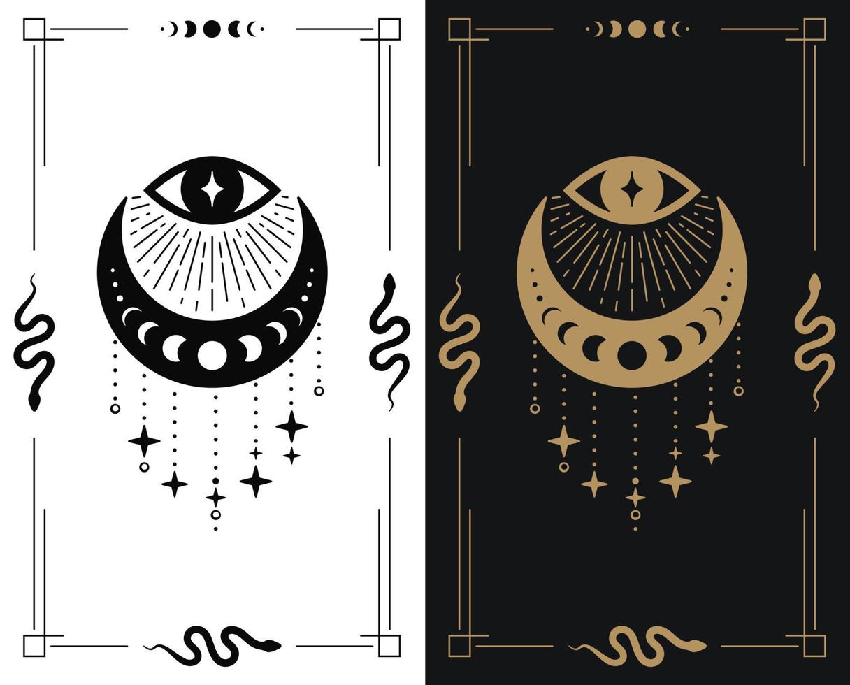 All seeing eye with half moon and stars for esoretic theme design template in two colors vector