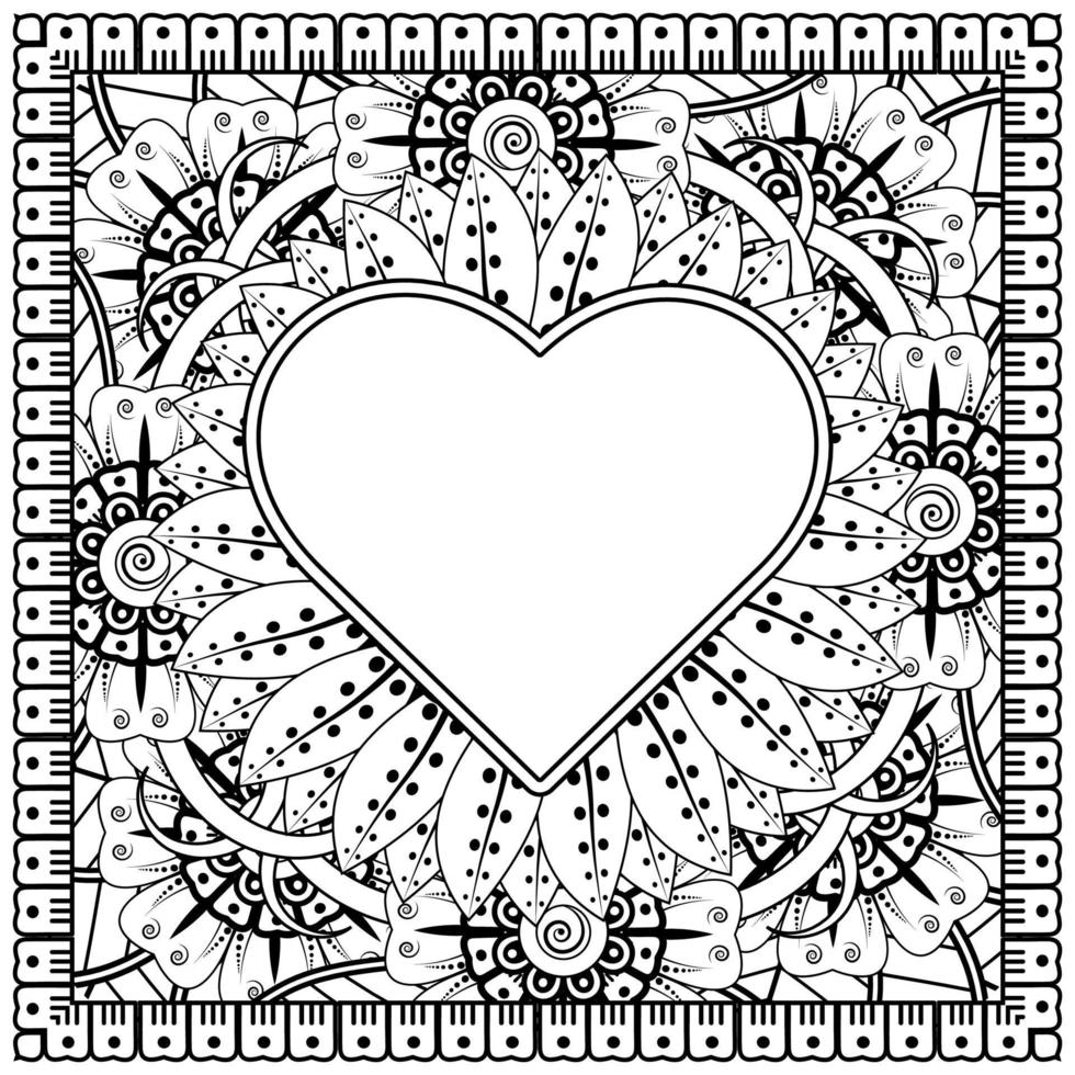 mehndi flower with frame in shape of heart. decoration in ethnic oriental, doodle ornament. vector