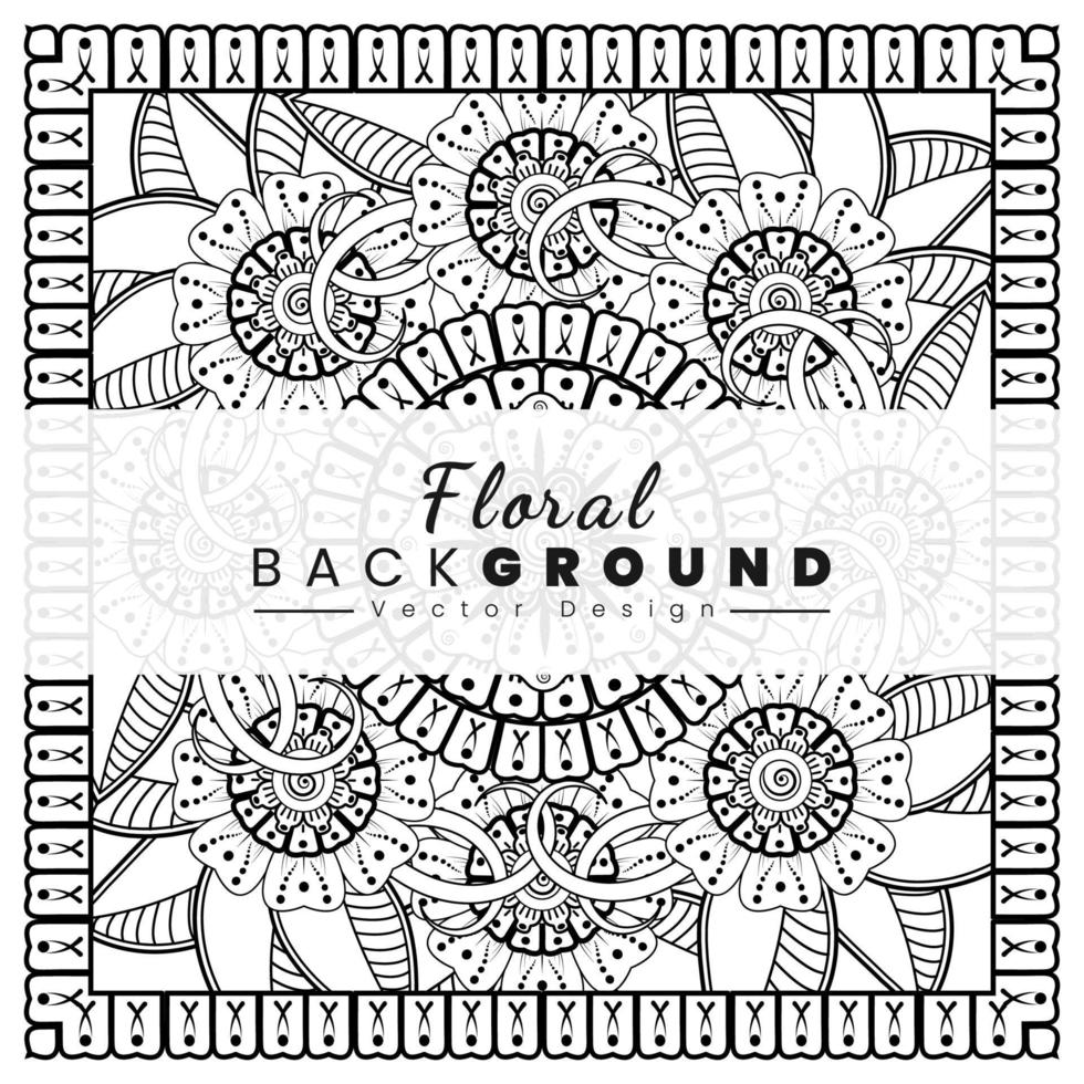 Background with mehndi flowers. Black lines on white background. Banner or card template vector