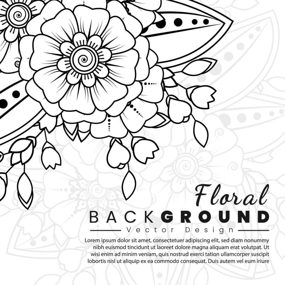 fondo con flores mehndi. líneas negras sobre fondo blanco. banner o plantilla de tarjeta vector