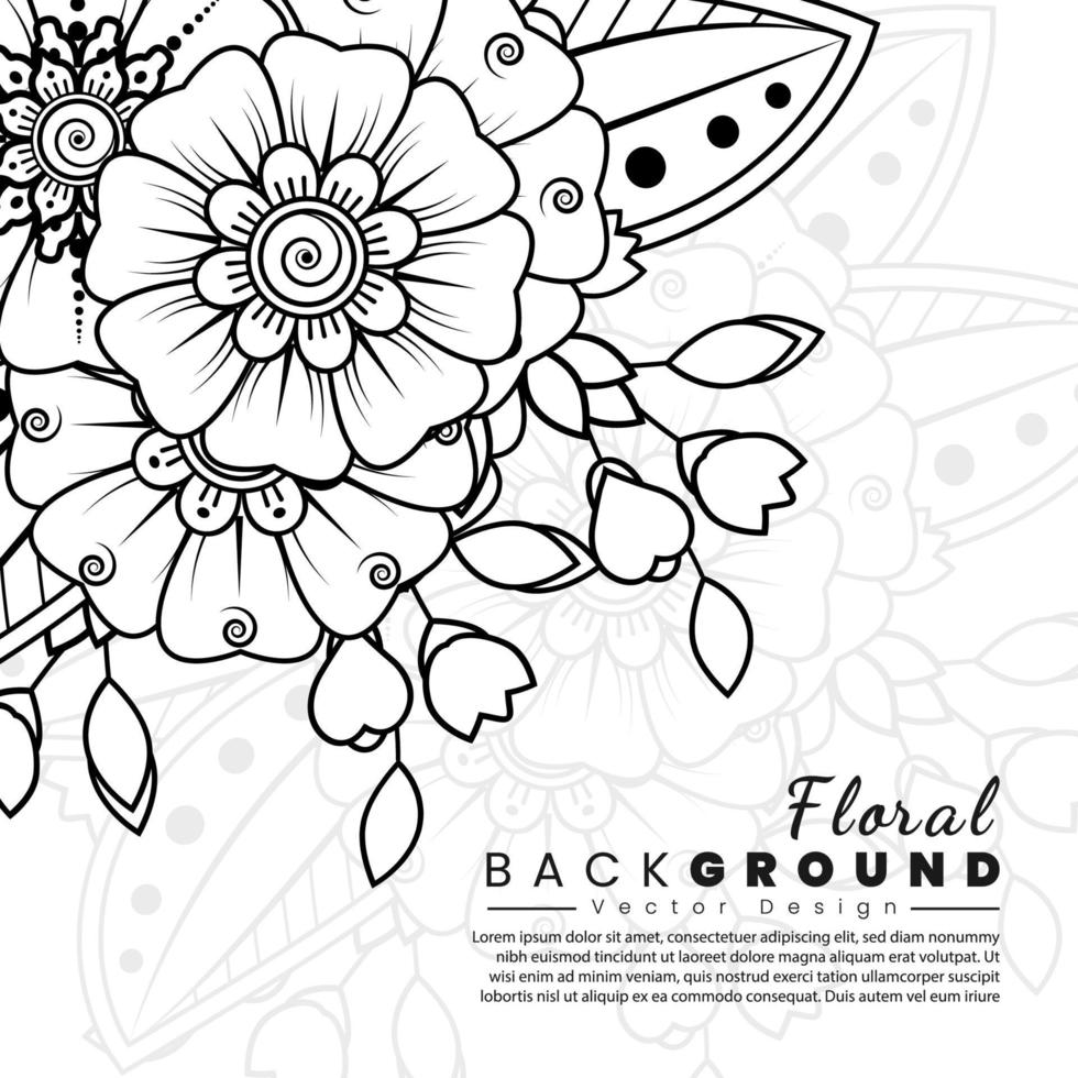 fondo con flores mehndi. líneas negras sobre fondo blanco. banner o plantilla de tarjeta vector