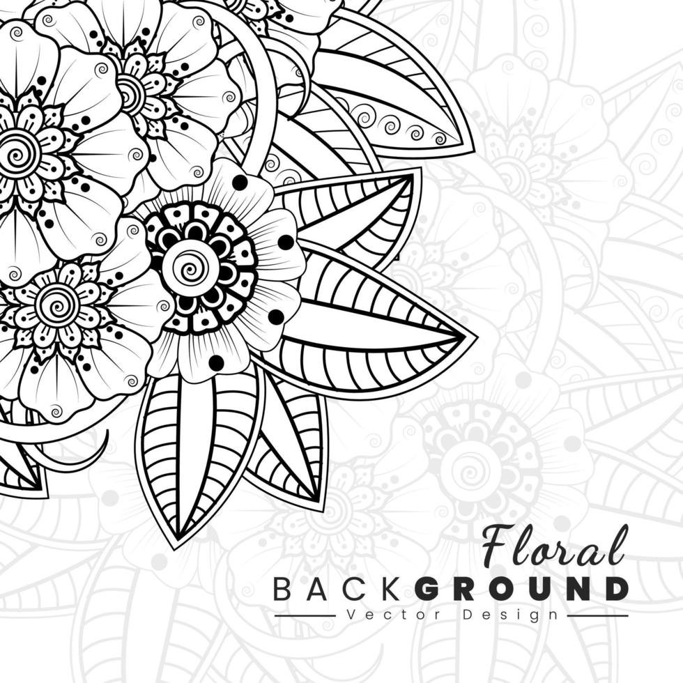 fondo con flores mehndi. líneas negras sobre fondo blanco. banner o plantilla de tarjeta vector