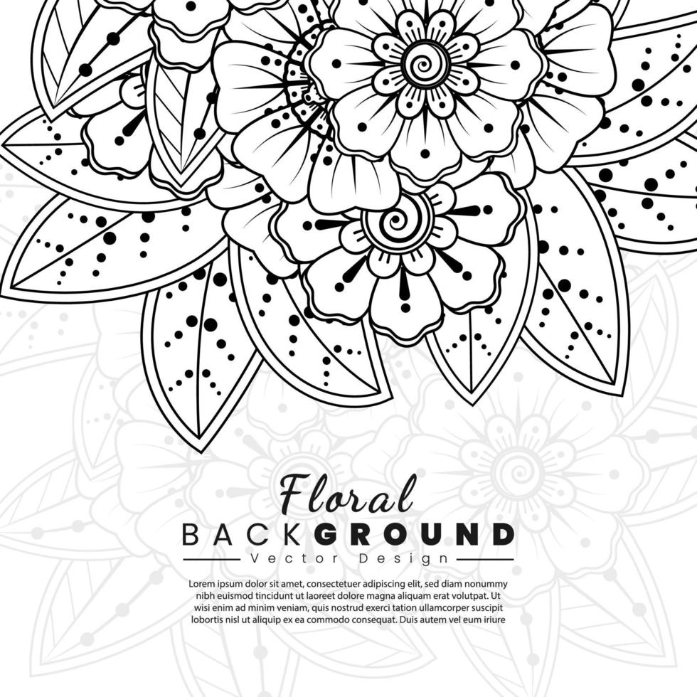 fondo con flores mehndi. líneas negras sobre fondo blanco. banner o plantilla de tarjeta vector