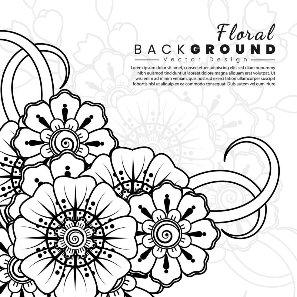 fondo con flores mehndi. líneas negras sobre fondo blanco. banner o plantilla de tarjeta vector