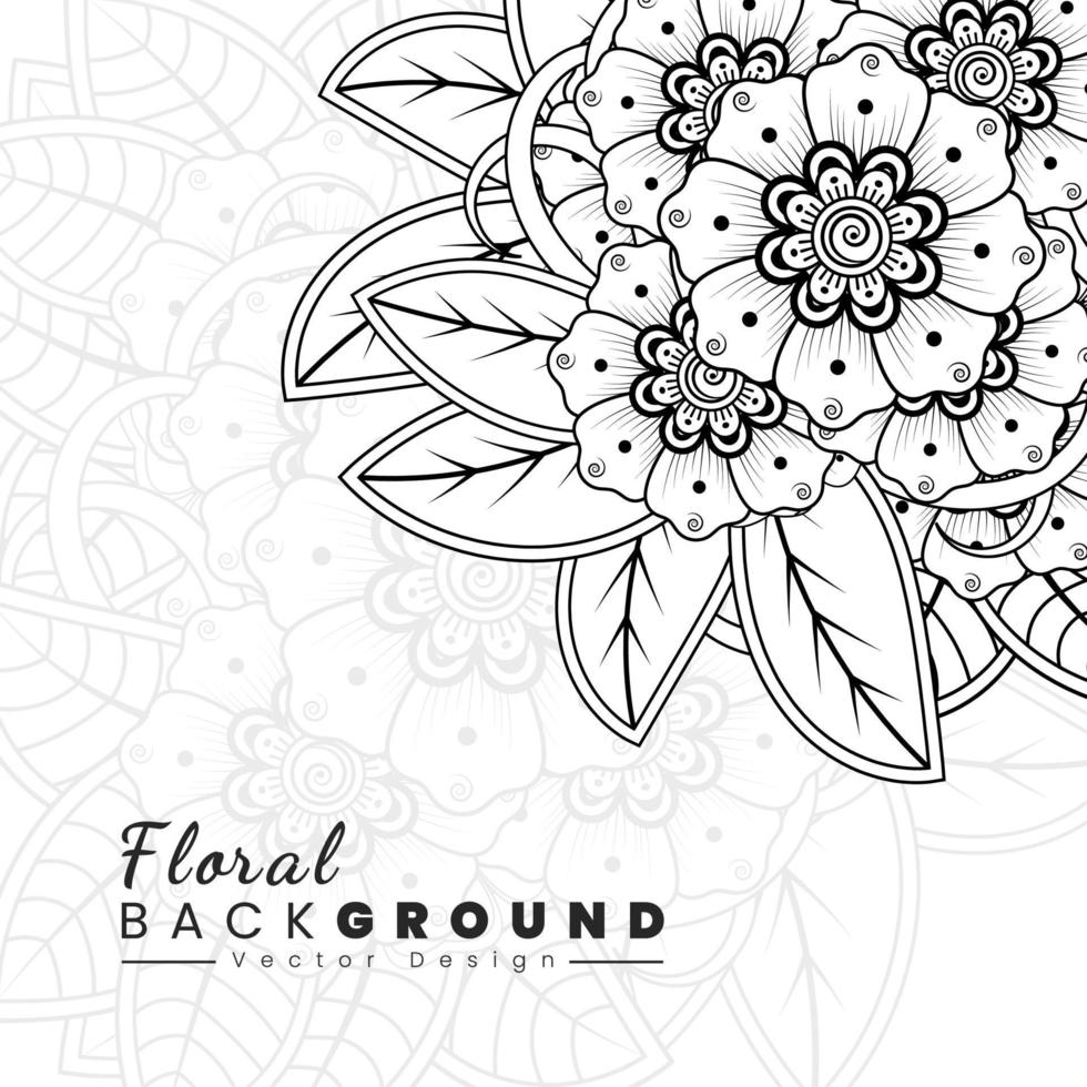 fondo con flores mehndi. líneas negras sobre fondo blanco. banner o plantilla de tarjeta vector