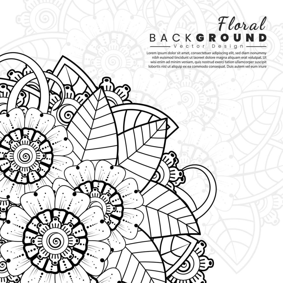 fondo con flores mehndi. líneas negras sobre fondo blanco. banner o plantilla de tarjeta vector