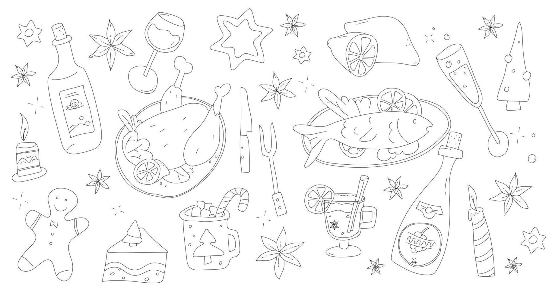 Christmas Menu Set in doodle style. Xmas eve food and drinks. Merry Christmas dinner. X-mas party tasty cooking. vector