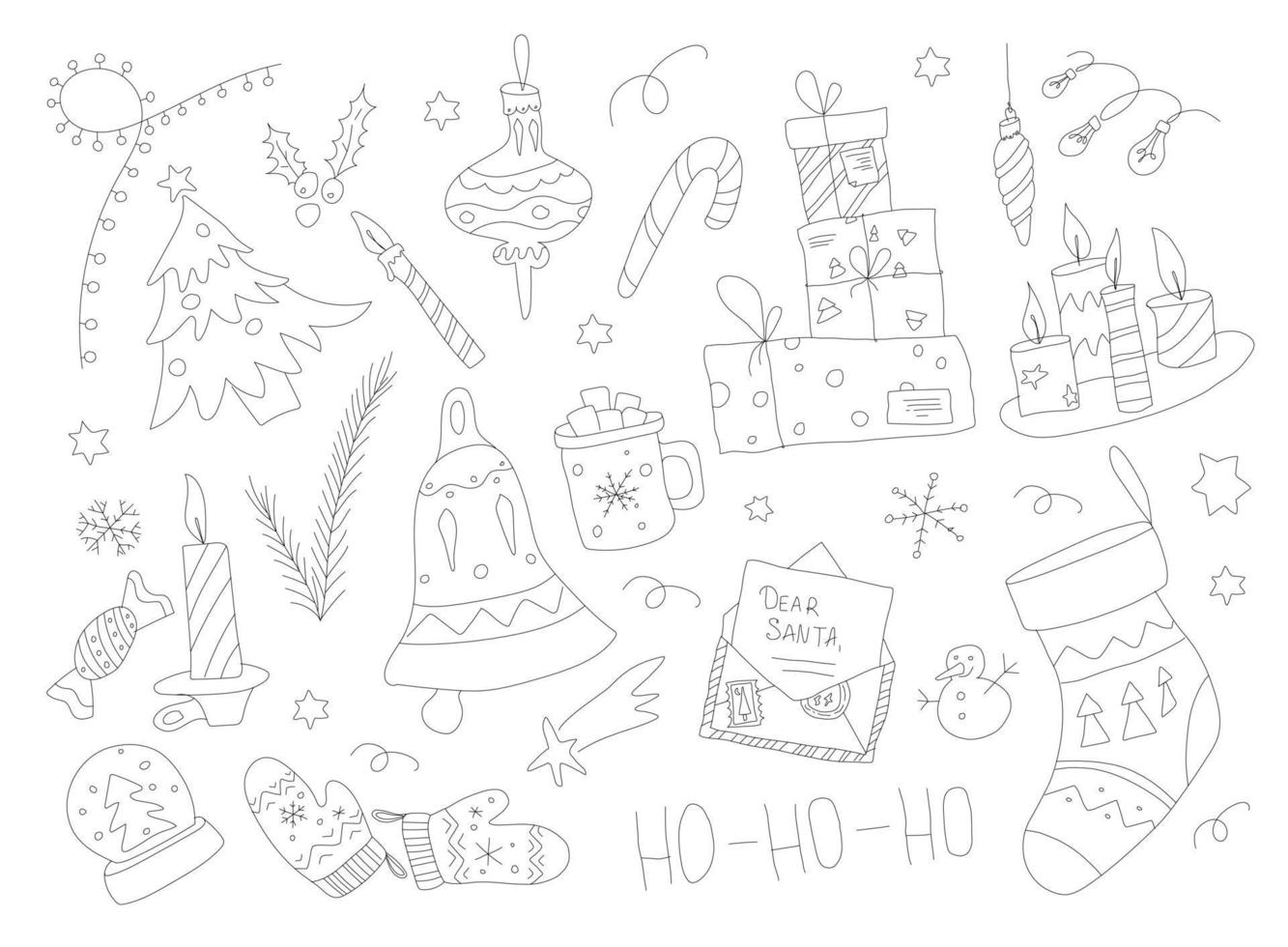 Christmas doodle collection. Hand drawn xmas Set with elements. candle, light and presents. outline graphic. Letter for Santa. vector