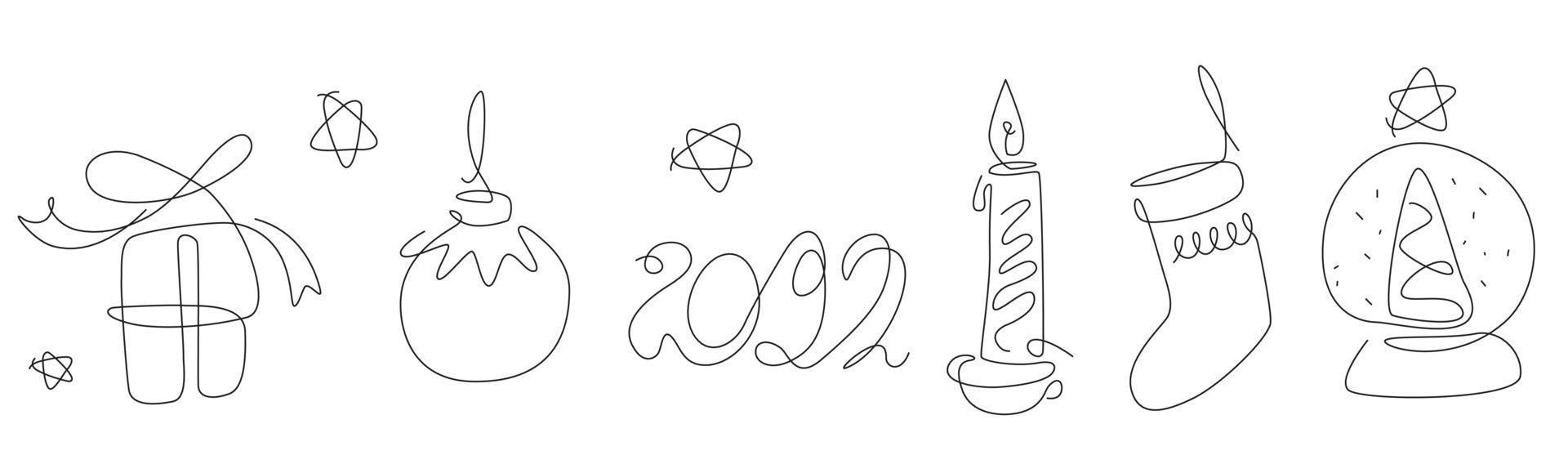 X-mas one line. 2022 line art. merry Christmas Set with bauble and gift. socks continuous line. outline winter. vector