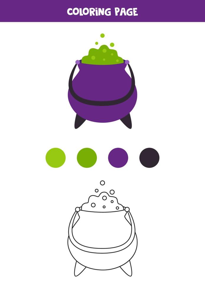 Color cute cartoon Halloween cauldron. Worksheet for kids. vector