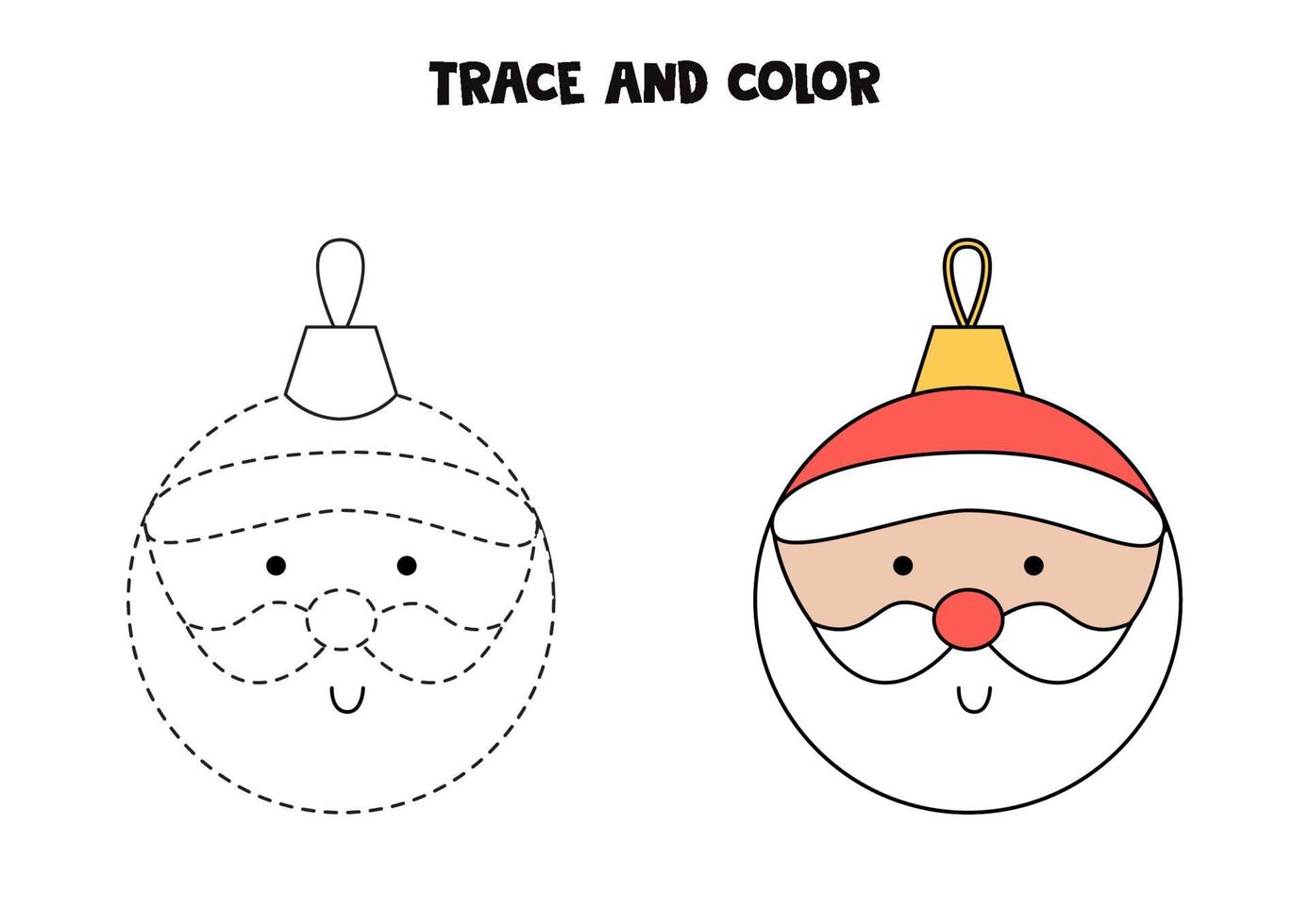 Trace and color cartoon Christmas bauble. Worksheet for kids. vector