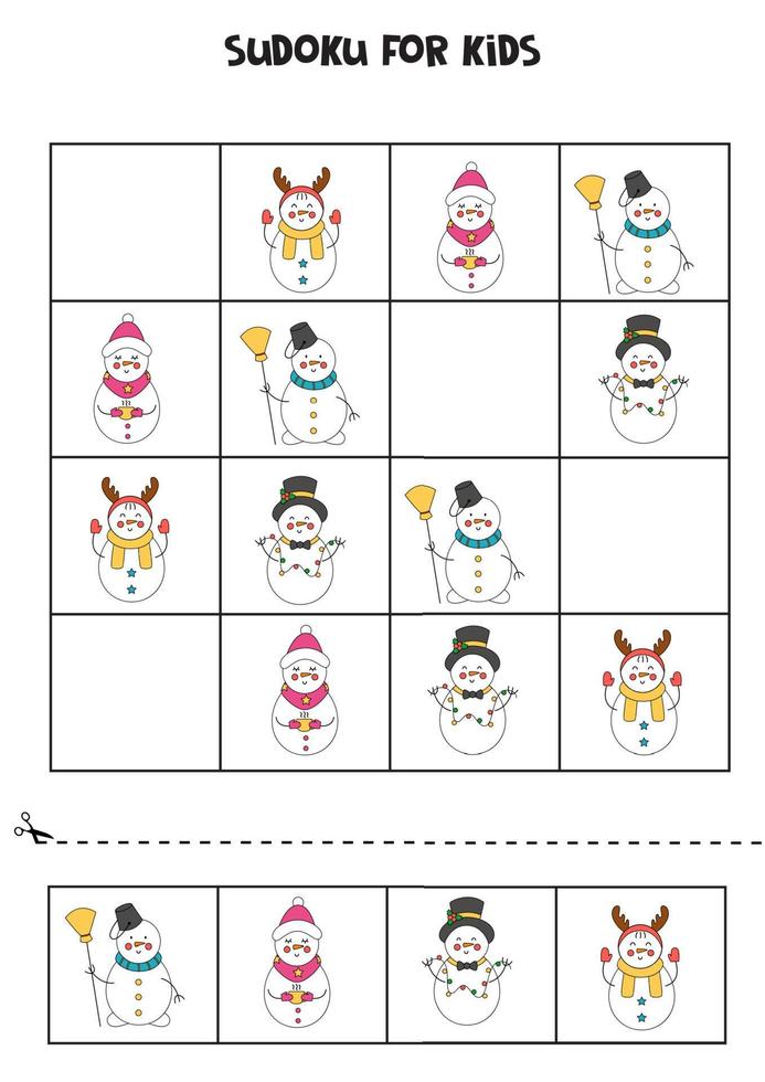 juego de sudoku para niños con muñecos de nieve de dibujos animados. vector