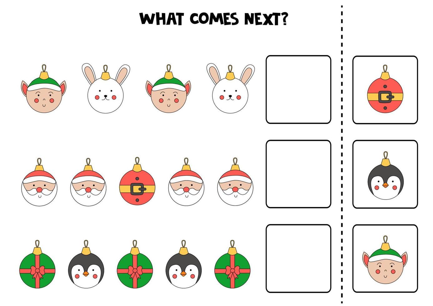 What comes next game with cute Christmas baubles. vector