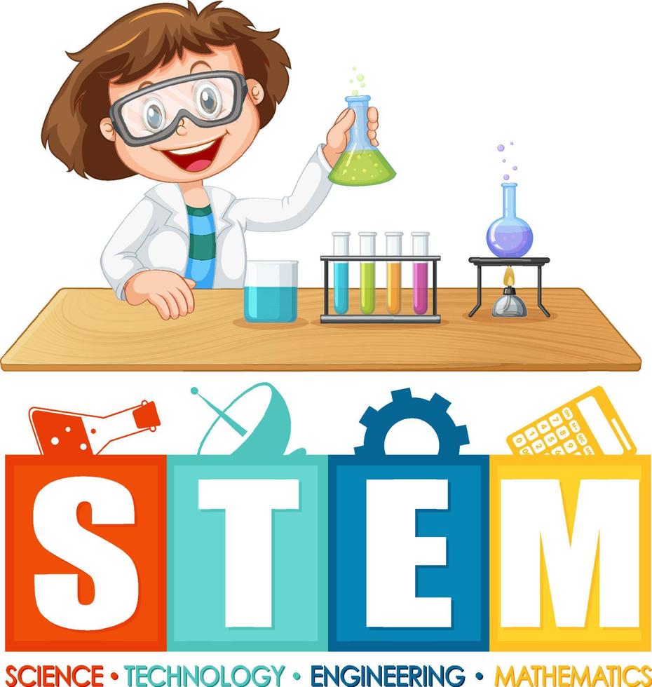 Scientist girl cartoon character with STEM font logo vector