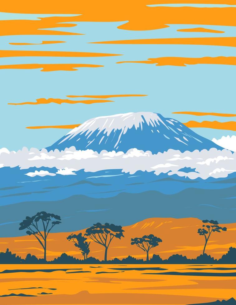 Mount Kilimanjaro Dormant Volcano in Tanzania the Highest Mountain in Africa WPA Poster Art vector